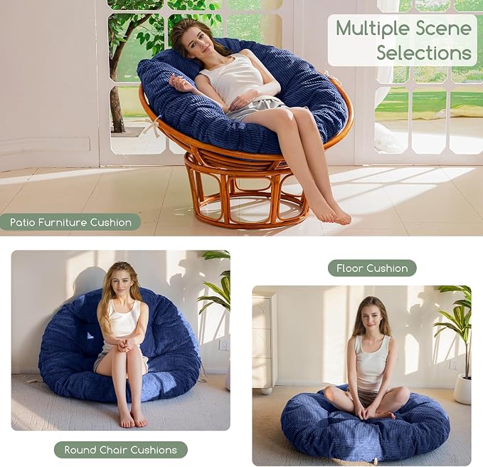 HIGOGOGO Papasan Chair Cushion with Corduroy Cover (Without Chair), 48 x 48 Inch Supportive Cushion, Overstuffed Chair Cushion,Dark Blue