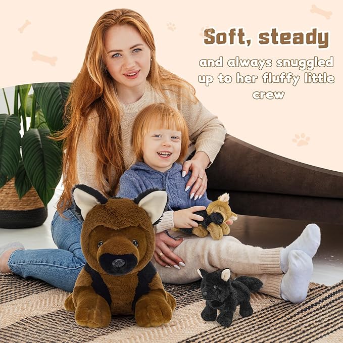 MorisMos 4Pcs German Shepherd Stuffed Animals, 18 Inch Mommy with 3 Puppies, Soft Fluffy Animal Dog Plush Toys Gifts for Kids, Dog Lover