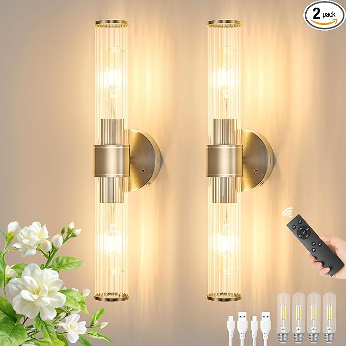Morauroral Sand Nickel Battery Operated Wall Sconces Set of Two, Rechargeable Wall Sconce with Dimmable Remote Control, 20 Inch Wireless Sconce Wall Light for Bedroom, Living Room (Bulbs Included)