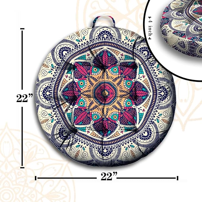 Mandala Meditation Cushion, Boho Meditation Mat, Meditation Pillows for Sitting on Floor, Cushions for Sitting in Home and Outdoor, Round Floor Pillows Cushion Seating for Yoga Accessories 22'' X 22''