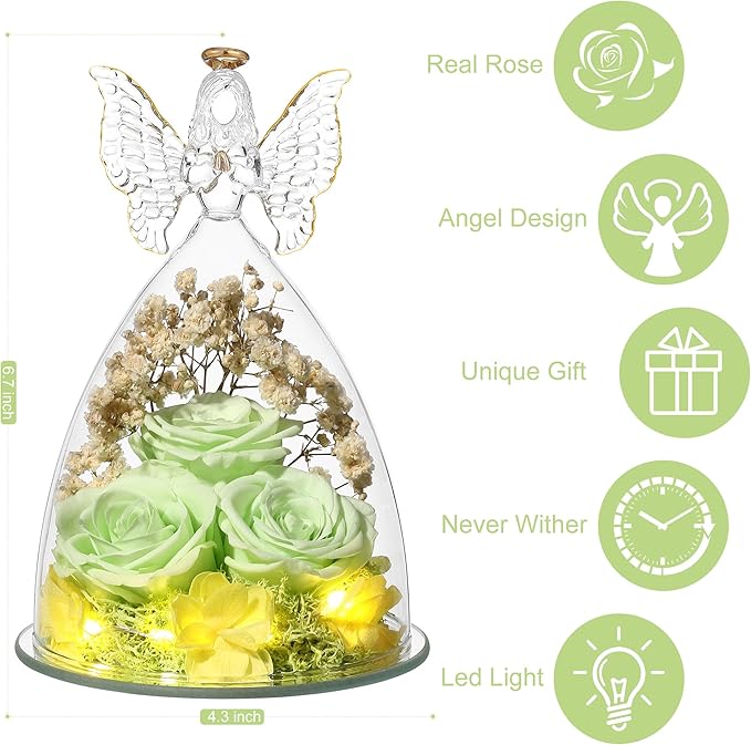 Mothers Day Rose Gifts for Women Preserved Flowers in Glass Angel Forever Flowers Gifts Eternal Roses Gifts for Grandma, Green