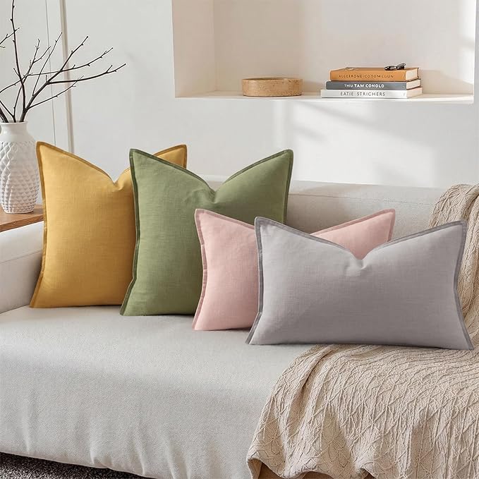 decorUhome Summer Decorative Linen Throw Pillow Covers 12x20 Inch Set of 2 Pink Lumbar Pillow Covers with Flange Edges Soft Farmhouse Boho Accent Pillow Cases for Couch Bed Living Room