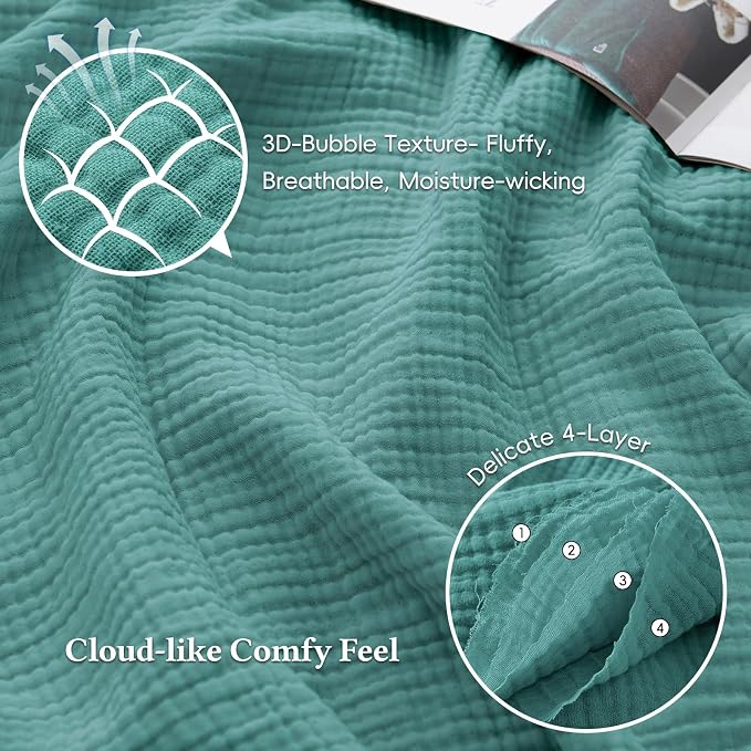 David's Home 100% Cotton Muslin Throw Blanket for College Dorm, 4-Layer Soft Breathable Lightweight Comfy Cozy Throw Guaze for Hot Sleepers, 3D Bubble Room Decor for Bed, Giftable, Teal, 50"x70"
