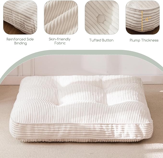 HIGOGOGO 35" Floor Pillow Cushion for Adults, Meditation Cushion Pillow, Extra Large Square Floor Sitting, Tufted Corduroy Cover for Tatami Living Room or Yoga, Beige