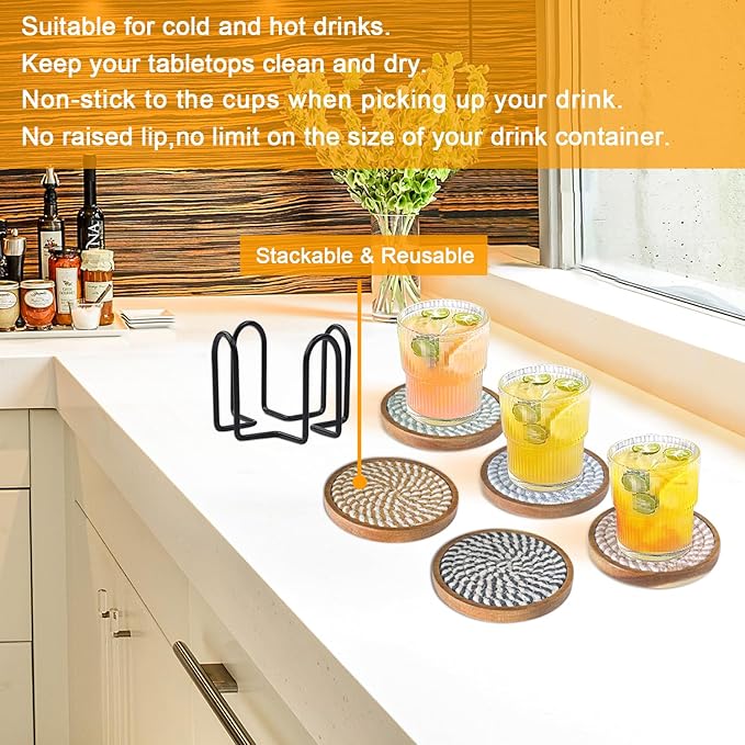 Eykao Coasters for Drinks Absorbent Sets of 5, Woven Coasters with Holder, Housewarming Gift for Farmhouse Home Decor, 4 inches (Colorful Series)