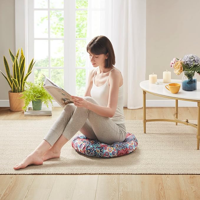 Codi Meditation Floor Pillow, Boho Pillows Seating for Adults and Teens, Large Round Cushion for Yoga Living Room Tatami Sitting, Memory Foam Added, 22x22 Inch, Multi Patchwork
