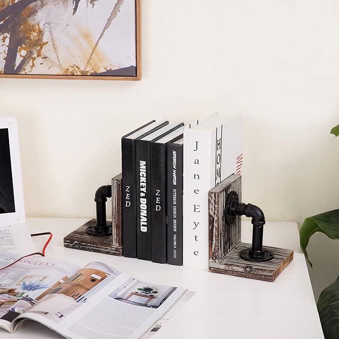 MyGift Decorative Bookends, Office Book Ends for Shelf, Book Holder L-Shaped Stand Desktop, Solid Torched Wood with Realistic Industrial Pipe Design