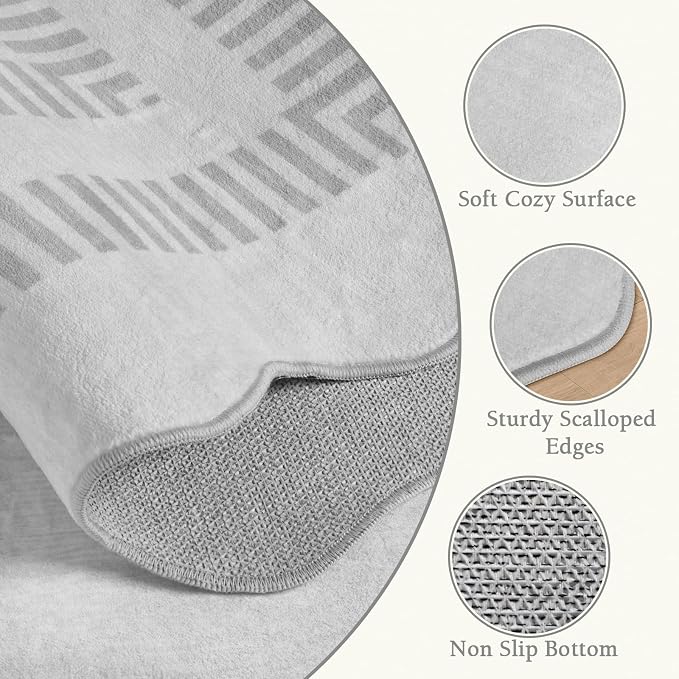8x10 Area Rugs, Scalloped Grey Modern Living Room Rug, Solid Large Machine Washable Rug Non-Slip, Soft Lightweight Carpet for Bedroom Playroom Dining Room