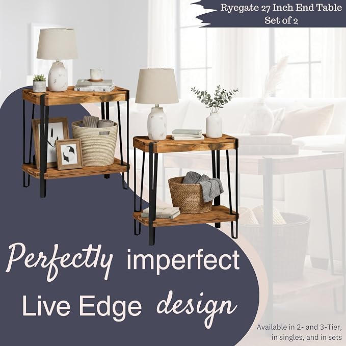 Ryegate Live Edge Modern End Tables Set of 2-2-Tier Acacia Wood Nightstands with Storage Shelf and Metal Legs - 17in Narrow Side Table Set for Living Room or Bedroom by Alaterre Furniture (Natural)