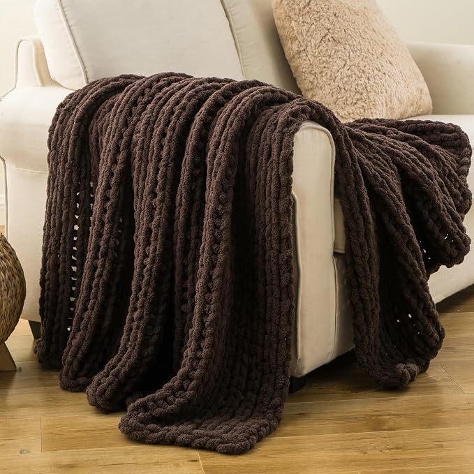 Battilo Chunky Knit Throw Blanket for Couch, 50"x60", Chocolate Brown | Hand Knit, Gift Blanket, Cozy Warm Thick Soft Chenille Throw Blanket for Bed, Sofa, Chair, Living Room