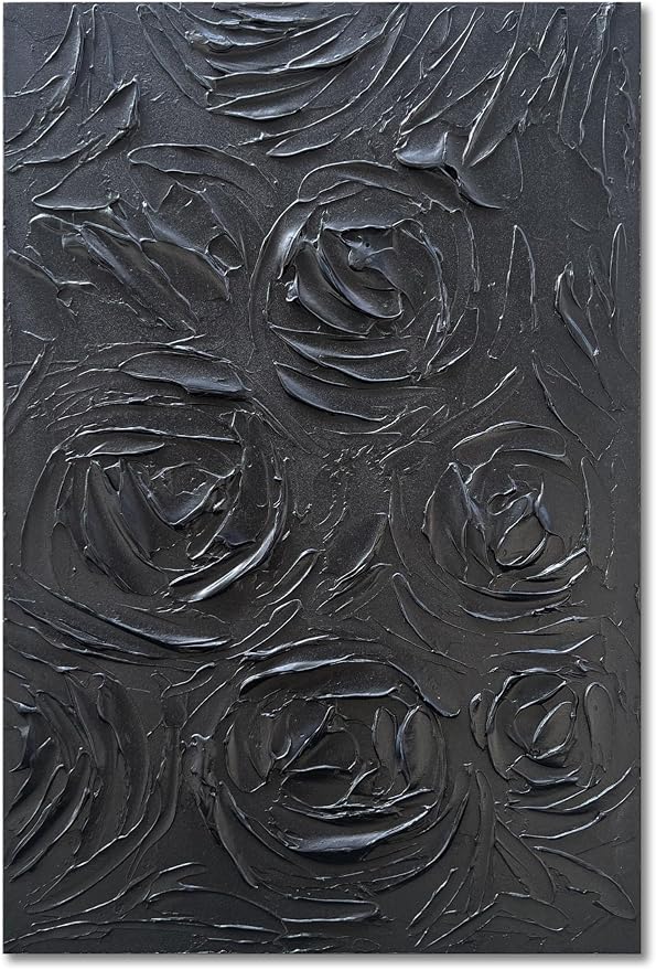 NANKAI Art Hand-Painted Black Rose Texture Abstract Art Oil Painting, Modern Style Abstract Wall Decoration, Three-Dimensional Simple Black Flower Texture Relief, Vertical Painting 36x24 inches
