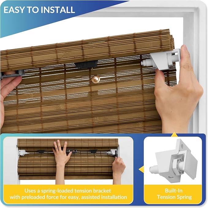 No Drill No Tools Bamboo Roman Shades, Cordless Light Filtering Window Blinds with Valance, Natural Woven Wood Shades for Living Room Dining Room, Camel（Sheer-View）, 22" W x 48" H