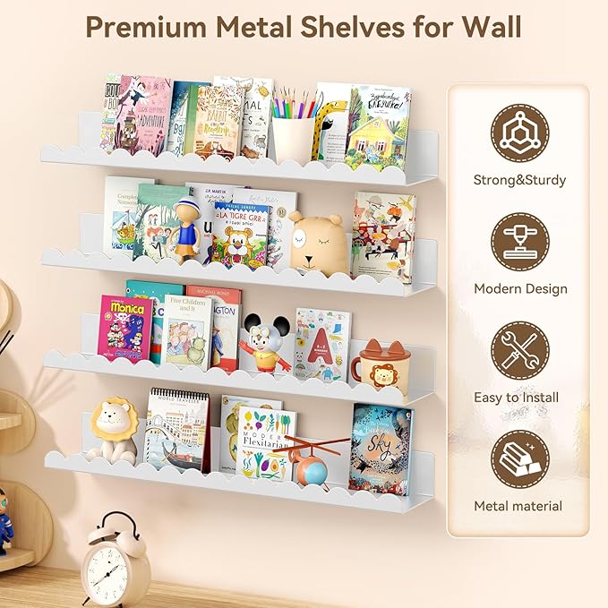 Floating Shelves for Wall, 23 Inch Metal Nursery Book Shelves 4 Pack, Wall Mounted Book Shelf for Kids Room, Bedroom, Bathroom, Playroom Decor （White）