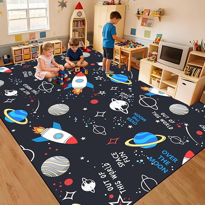 Space Rug 5x7 Feet Solar System Rug for Kids Bedroom Non Slip Educational Area Rugs with Planet Rocket Pattern Playroom Rugs for Boy Room Nursery Washable Classroom Carpet Outer Space Decor