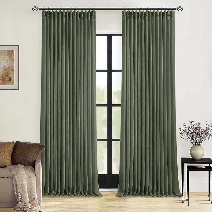 TWODRAPES Olive Green Pinch Pleated Linen Curtains 92 Inches Long 2 Panels for Living Room Bedroom Semi Sheer Pinch Pleat Drapes with Hooks Rings Boho Farmhouse Light Filtering Window Curtain 40x92