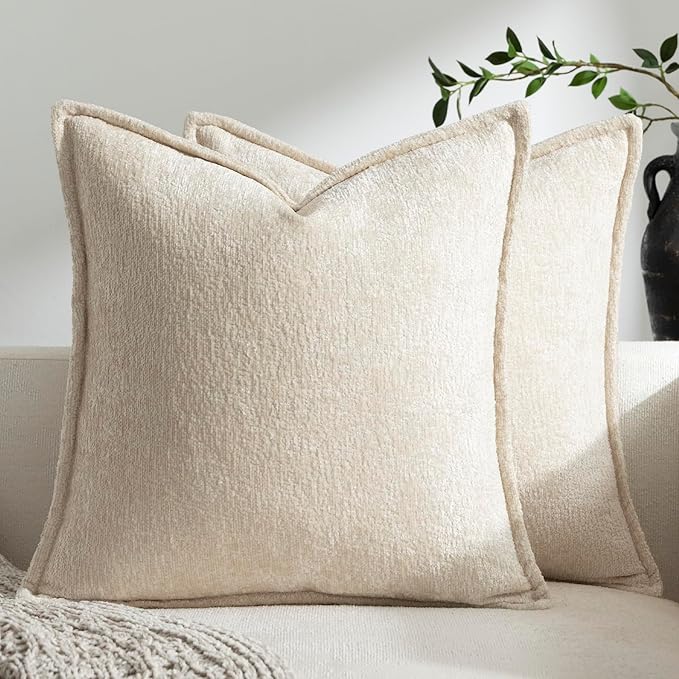 DEZENE Pack of 2 Beige Euro Shams Pillow Covers 26x26 Cozy Soft Chenille Decorative Throw Pillow Covers Accent Vintage Square Couch Pillow Covers for Home Decor Bed Sofa Living Room