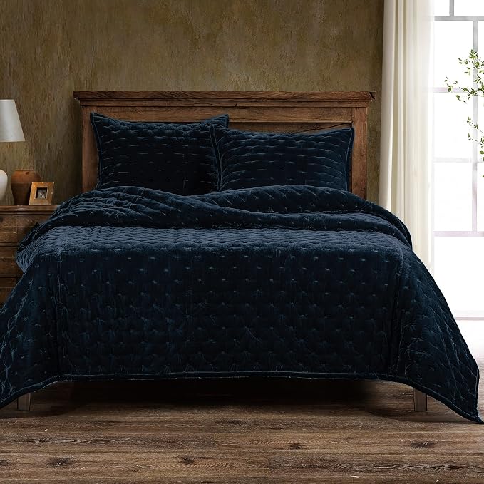 HiEnd Accents Stella Faux Silk Velvet Pillow Sham, King, 21x34 inch, Midnight Blue, Romantic Western Modern Traditional Style Luxury Bedding