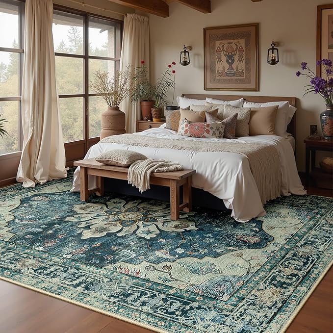 RELEANY Area Rugs 10'x14' Washable Non-Slip, Floral Vintage Distress Print Pattern Medallion Carpet for Living Room Bedroom Dining Room, Dark Blue Vintage