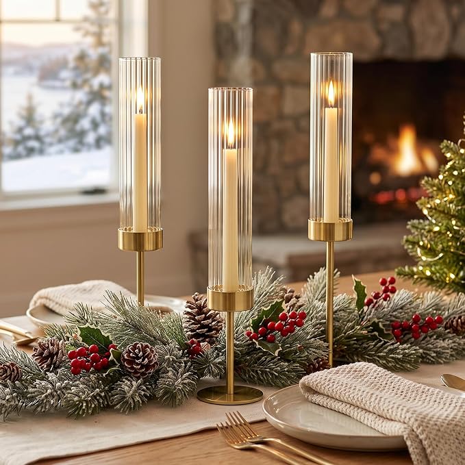 Gold Hurricane Taper Candle Holders,2 Sets(6 Pcs) Brass Tall Candlestick Holders with Ribbed Glass Cylinder, Table Centerpiece Decor for Wedding, Party, Halloween,Christmas & Home Decoration