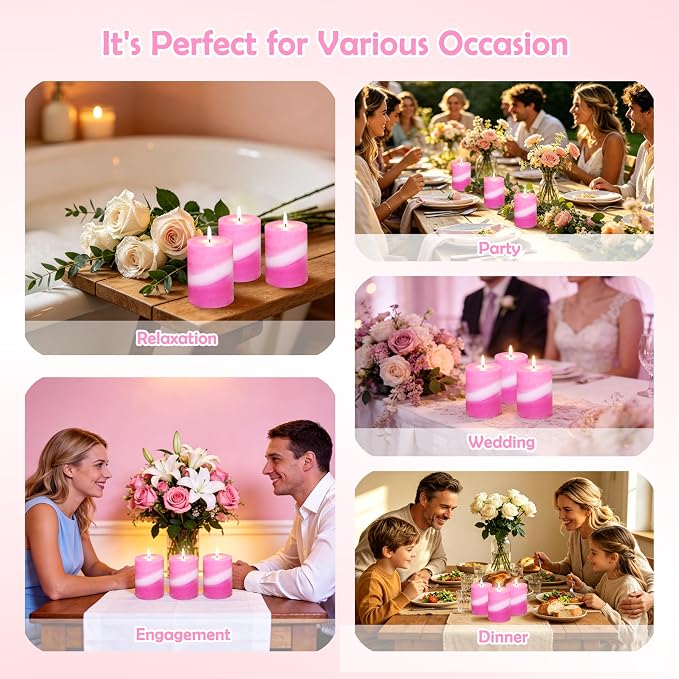 French Rose Scented Pillar Candles, 100% Cotton Core Pink and White Striped Paraffin Wax Candles for Home Wedding Dating Decor, Long Lasting Burn Time Aromatherapy Candles, 3x4 Inch Set of 3