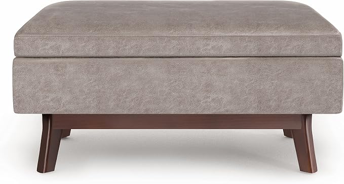 SIMPLIHOME Owen 36 inch Wide Mid Century Modern Small Rectangular Storage Ottoman in Distressed Grey Taupe Vegan Faux Leather, Assembled, For the Living Room, Entryway and Family Room