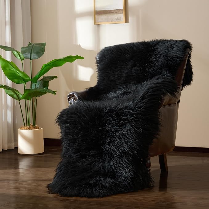 Premium Genuine Sheepskin Area Ruge - Real Wool Fur Shaggy Carpet | Fluffy Soft Natural Lambskin Rug Seat Chair Covers for Couch Sofa Bedroom Living Room(Black,2×6 Feet Sheepskin)