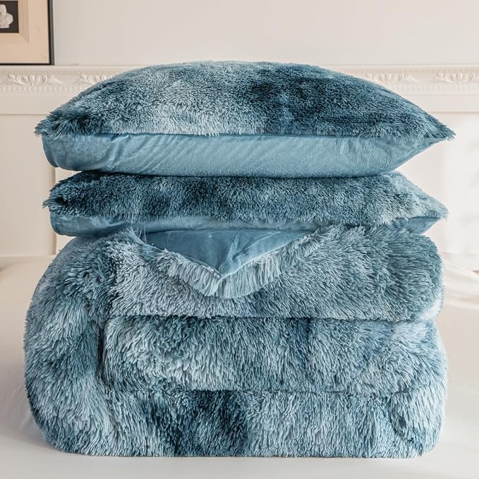 chovy Faux Fur Plush Tie-Dyed Blue White Comforter Set Twin/Full Size - Ultra Soft Shaggy Flannel Velvet Fluffy Fuzzy 3PC Bedding Set (Comforter x 1 Pillowcases x 2)
