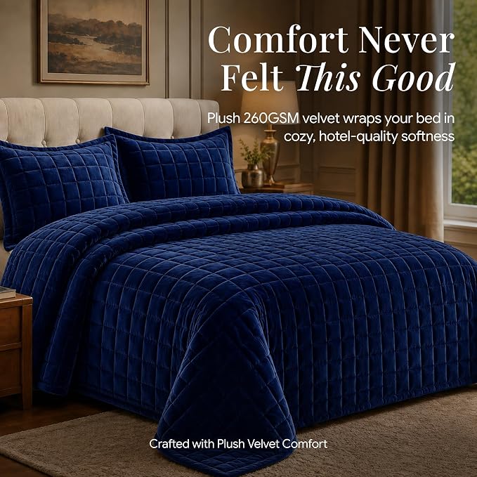 Tribeca Living Luxury Velvet Quilt Twin Size Set - 260GSM Ultra-Soft Oversized Velvet Bedspread Comforter Set with 1 Sham, in Florence Navy Blue