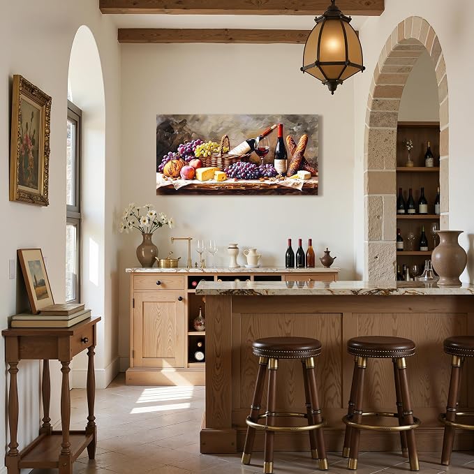 imjiayu Large Wall Art, Kitchen Wall Art, Wine Pictures Wall Decor, Framed Rustic Oil Painting Style Canvas Print, Grape Cheese Bread Still Life Wall Decor, Vintage Dining Room Home Bar Cafe Wall Art, 20"x40"