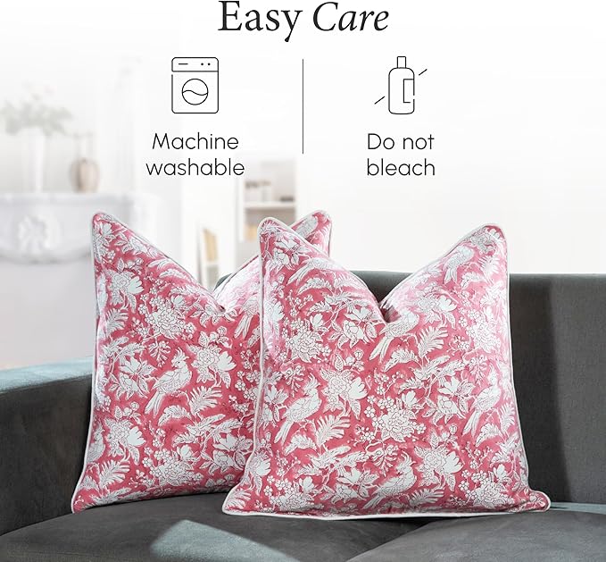 CPC 100% Cotton Throw Pillow Covers 18x18 Inch, Set of 2 Pink Block Print Pattern Couch Pillow, Cute Boho Decorative Pillows for Living Room, Bedroom with Hidden Zipper- Coral Pink