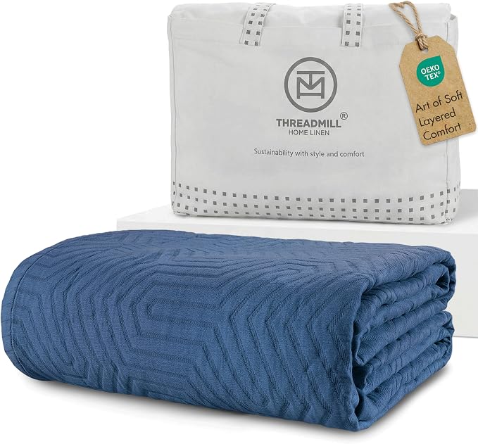 Threadmill Luxury Cotton Blankets for Twin Size Bed | All-Season 100% Cotton Twin Blanket for Bed | Aster Jacquard Lightweight, Soft & Cozy Coverlet, 350GSM, 68 x90 inches | Folkstone Blue