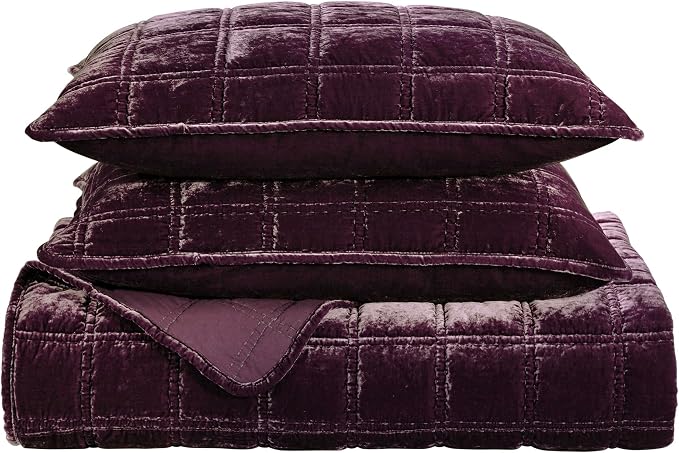 HiEnd Accent Stella Faux Silk Velvet Double Box Stitch 3 Piece Quilt Set, King Size, Dark Violet Solid Color, Classic Chic Modern Rustic Elegant Bedding Set, Lightweight Bed Set