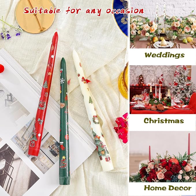 Sungmor Christmas Taper Candlesticks, Beautiful 3-Color Decal Crafts, 10" Long Decorative Candles, Scented & Colored Tall Candlesticks, Long Burning & Smokeless Tapered Holiday Party Celebrate Candle