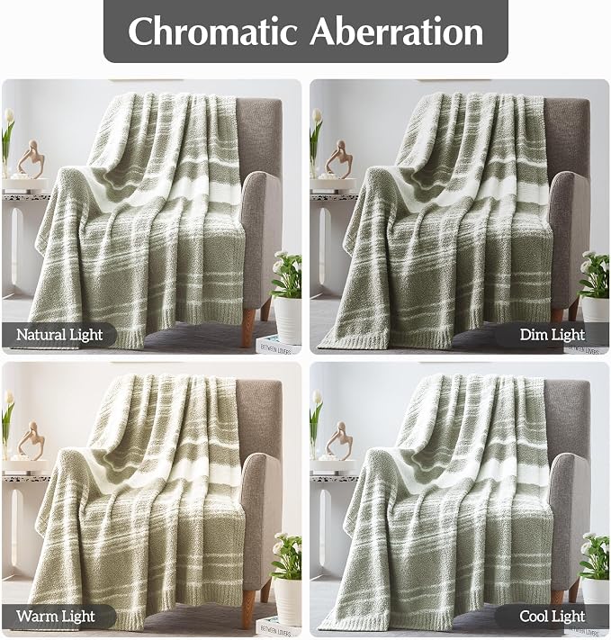 WRENSONGE Soft Throw Blanket for Couch-Cozy Reversible Knitted Blankets | Lightweight Warm Fluffy Decor for Women, Mom, Her & Girls, Sofa, Chair, Bed, 50x70in, Sage Green Stripe