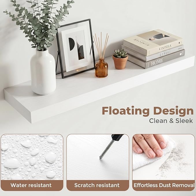 32 Inch Floating Shelves for Wall, 8"D Wood Storage Shelves, White Finish | Engineered Wood, Invisible Bracket, Large Storage, Easy Install, Hold Up to 55lbs, Living Room, Bathroom, Bedroom, Kitchen