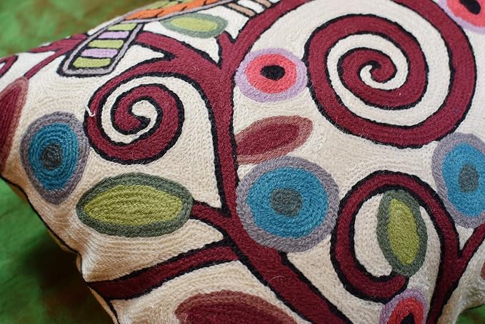 Lumbar Cushion Cover Hand Embroidered Wool 13x21 (Cream Birds Lumbar Pillow Cover)
