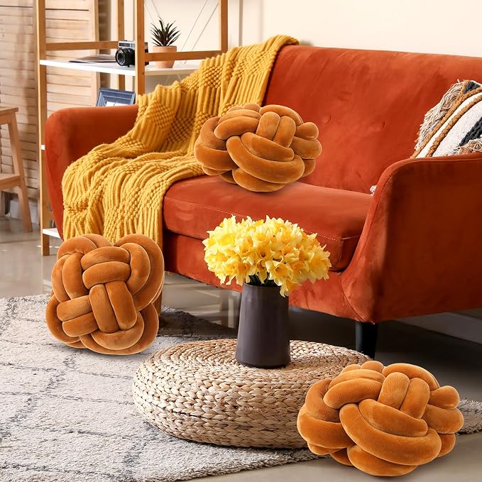 Beeveer 2 Pcs Knot Pillow Balls Set, 12 Inch Soft Decorative Throw Knot Pillow Ball, Large Square Knotted Floor Cushion for Living Room Bedroom Sofa Couch Bed Home Decoration(Caramel Brown)