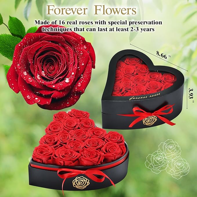 HERBMOTG 16 Forever Real Roses in Heart-Shaped Box with a Curved Design, Grade A Quality-Preserved Roses for Birthday, Mothers Day & Valentines Day (Red)