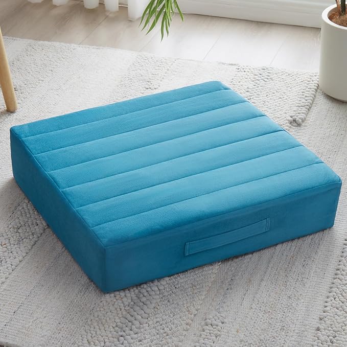 JKMAX 22 inches Floor Pillow for Adults - Large Meditation Cushion with Thick Foam & Soft Tufted Cover - Premium Outdoor Square Floor Cushion Seat - Yoga Pillow for Sitting On Floor - Peacock Blue