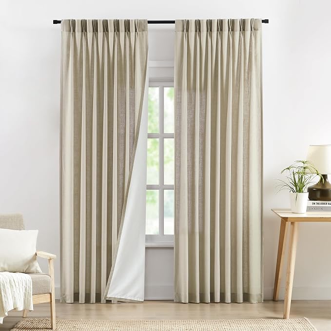 Central Park Sand Pinch Pleated Light Filtering Curtain Panel 84 Inch Long Linen Blended with Microfiber Liner Rustic Textured Window Drapes for Living Room Bedroom with Back Tabs Hooks, 40"L x84"W x2