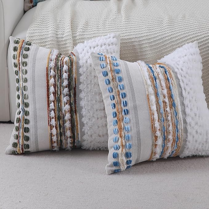 Boho Throw pillow covers 18x18 set of 2 farmhouse decorative Couch pillow covers neutral Accent throw pillows covers striped outdoor cushion covers square textured chenille pillow cases for sofa bed