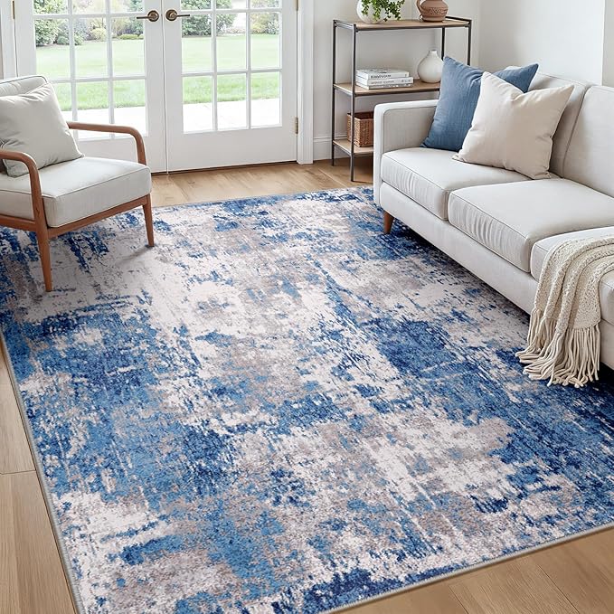 RELEANY Washable Area Rugs Square 7ft Non-Slip Modern Abstract Soft for Living Room Entryway Bedroom Nursery, Print Pattern, Blue Grey Navy Gray