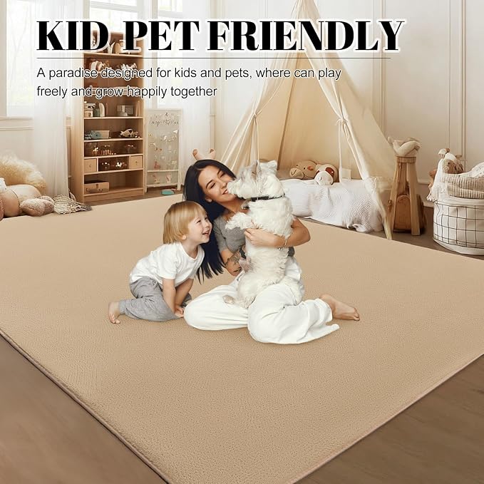 qulint 4x6 Tan Rug for Bedroom, Modern Nursery Rug with Thickened Memory-Foam Washable Carpet for Living Room, Minimalist Solid Non Slip Carpet for Boys Girls Kid Room Dorm Office Home Decor