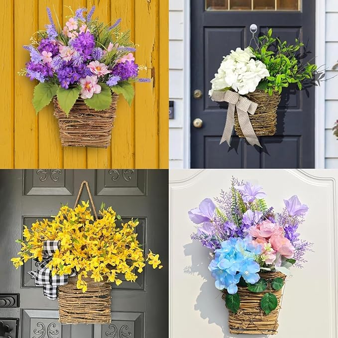2026 Cream Hydrangea Door Hanger Basket Wreath, Spring Summer Wreaths for Front Door Wildflowers Wreath Artificial Flower Hanging Basket for Home Farmhouse Seasonal Decor (E)