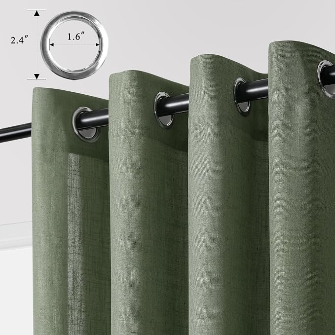 Olive Green 96 Inch Linen Curtains for Sliding Door Living Room Grommet Neutral Farmhouse Boho Light Filtering Semi Sheer Forest Green Curtain Drapes for Bedroom Aesthetic 96 Inches Long 2 Panels
