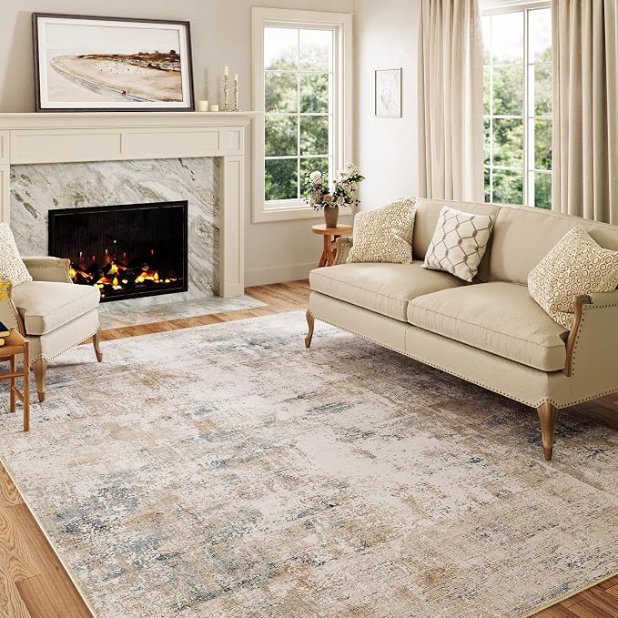 6x9 Washable Area Rug Beige Blue Abstract Non Slip Soft Low Pile Rug for Living Room Bedroom Dining Room Office Neutral Modern Indoor Throw Carpet for Home Decor