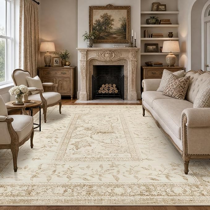 GarveeHome Vintage Beige Area Rug 8x10 for Living Room Washable Cottage Core Retro Farmhouse Low-Pile Stain Resistant Large Carpet for Bedroom Dining Room Home Office TPE Backing Indoor Decor
