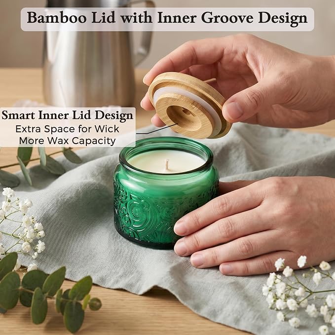 4 oz Green Sun Moon Stars Candle Jars with Bamboo Lids, 18 Pack | Patented Embossed Design, Includes Wick Centering Devices & Warning Labels, Multiple Color Options