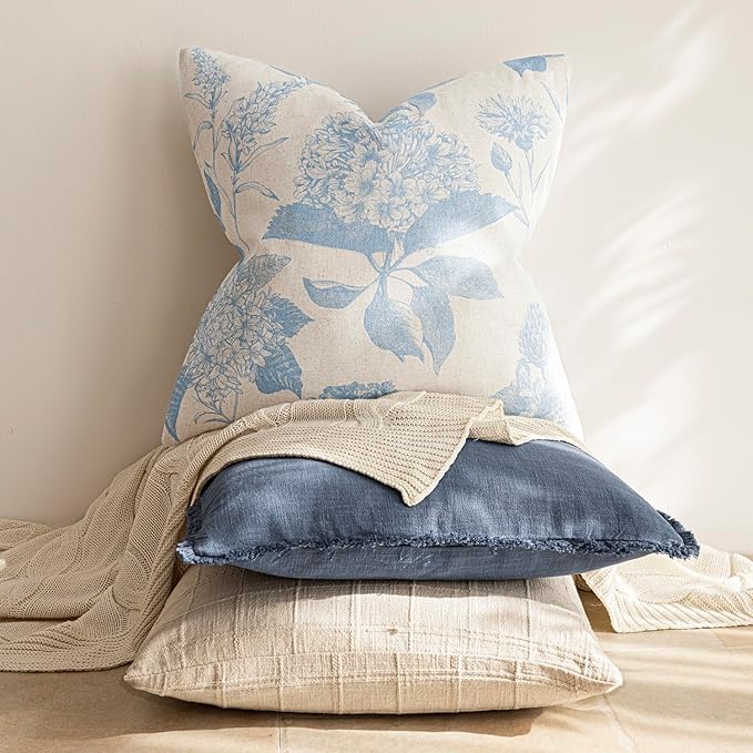 Foindtower Set of 2 Linen Floral Vintage Throw Pillow Covers Neutral Accent Decorative Cozy Cushion Covers Farmhouse Boho Home Decor for Sofa Chair Couch Bedroom Living Room,22×22 Inch,Sky Blue