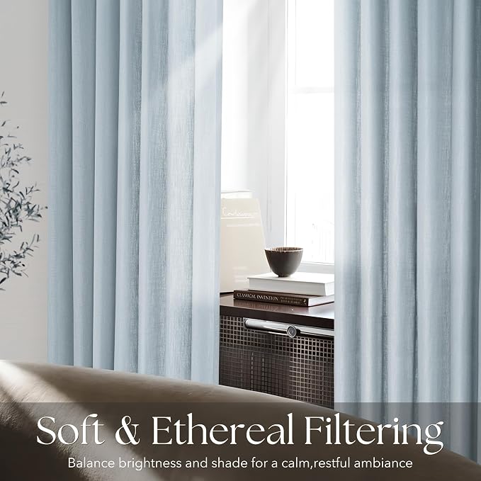 Greyish Blue Pinch Pleated Linen Curtains 72 Inch Length 2 Panels for Living Room Bedroom Textured Semi Sheer Drapes Pinch Pleat Rings Window Curtain 40x72